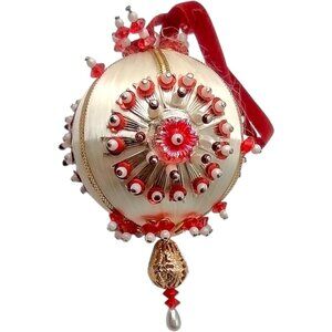 Vintage Beaded Push Pin Ornament Red Jewel White Satin Gold Silver Pearl 4" MCM